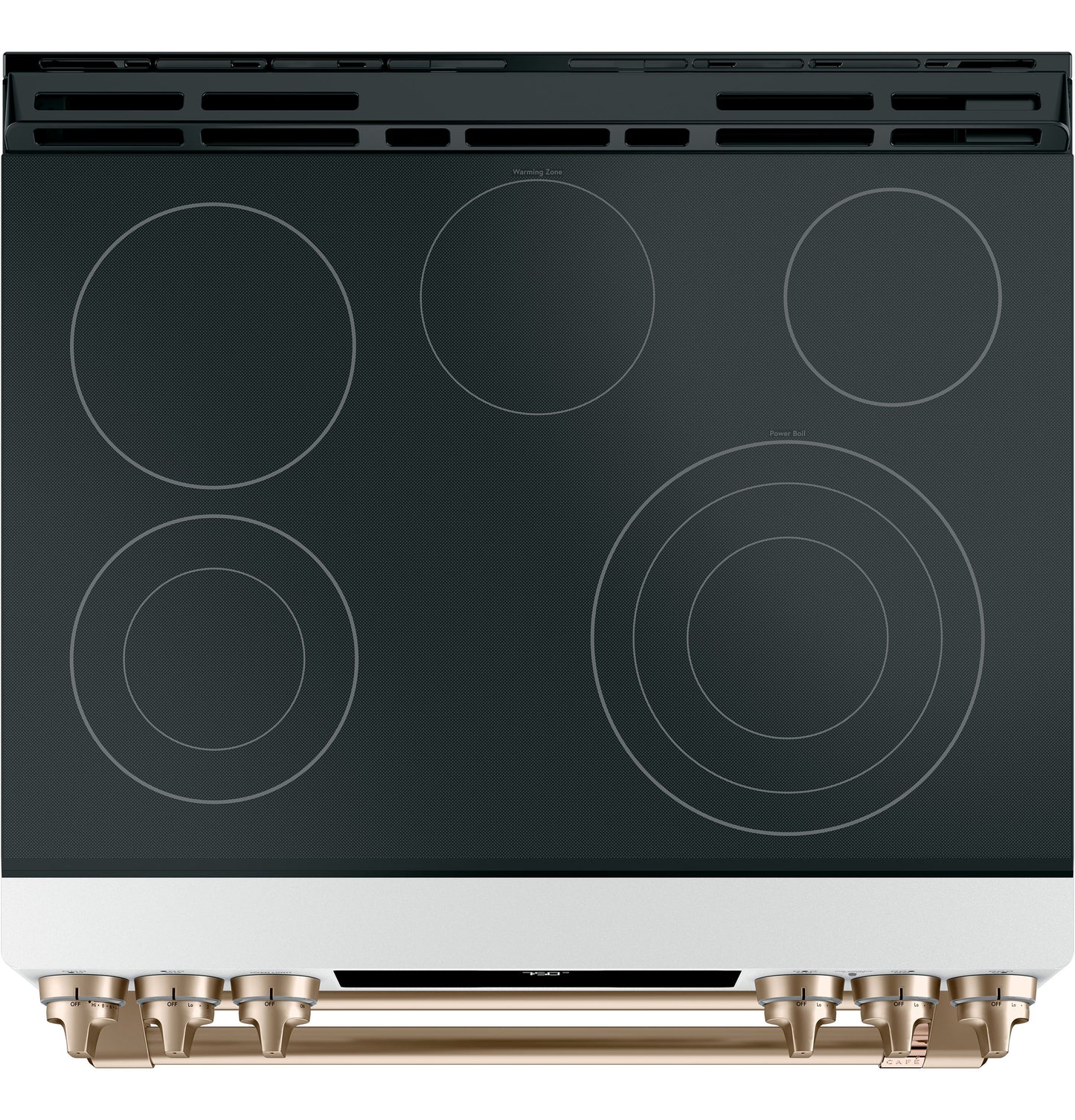 Black radiant cooktop with five burners and bronze control knobs from kitchen appliances and ranges collection