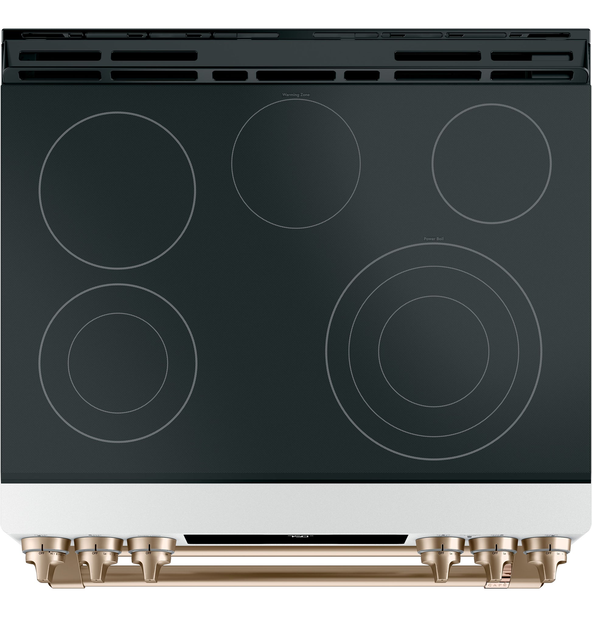 Black radiant cooktop with five burners and bronze control knobs from kitchen appliances and ranges collection
