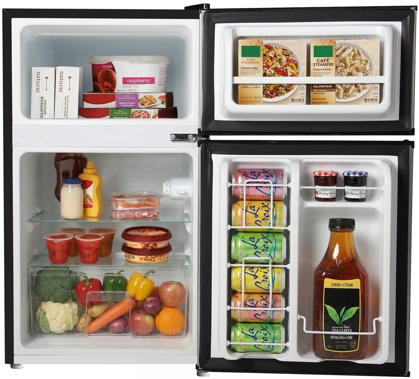 Compact refrigerator with freezer compartment, adjustable shelves, door storage for cans and bottles, and fresh produce drawer, suitable for Refrigerators, Mini Refrigerators, Kitchen & Kitchenware, All Products, and Appliances collections.