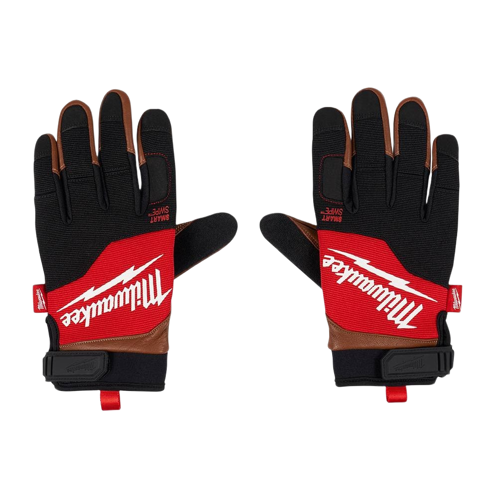 Pair of Milwaukee leather and fabric work gloves with red, black, and brown accents for safety and home improvement tasks