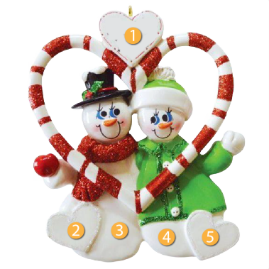 Christmas ornament of two snow couple figures holding candy cane hearts in red and white for tree decoration under $50