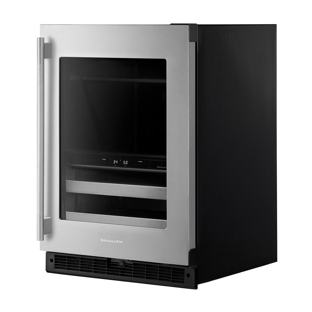 24-inch undercounter beverage center with stainless steel frame, glass door, and metal-front racks in KitchenAid appliances collection