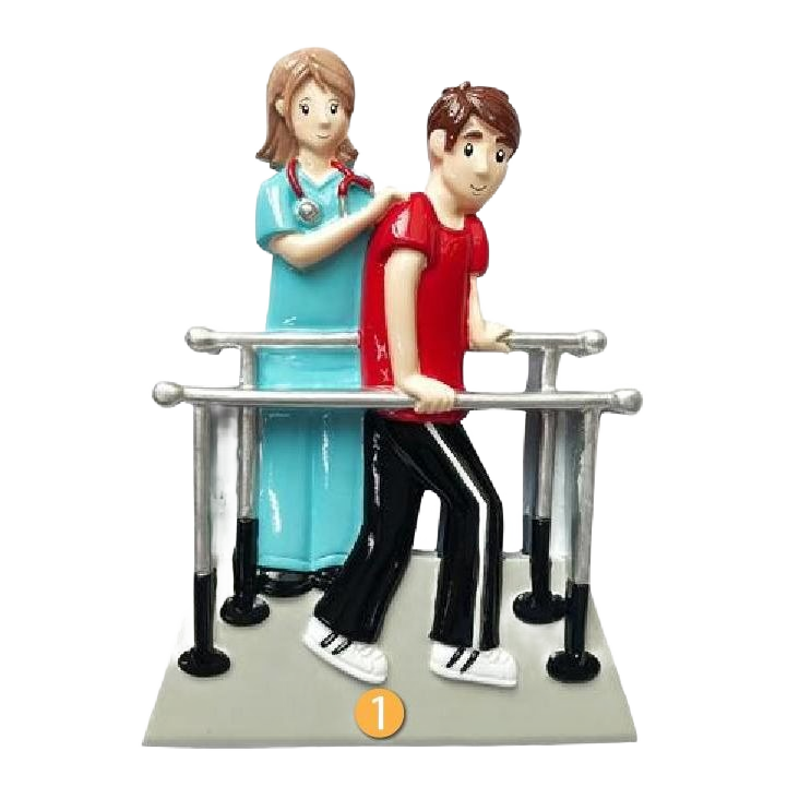 Figurine ornament of a physical therapist assisting a patient using parallel bars for mobility Christmas decoration under $50 collection