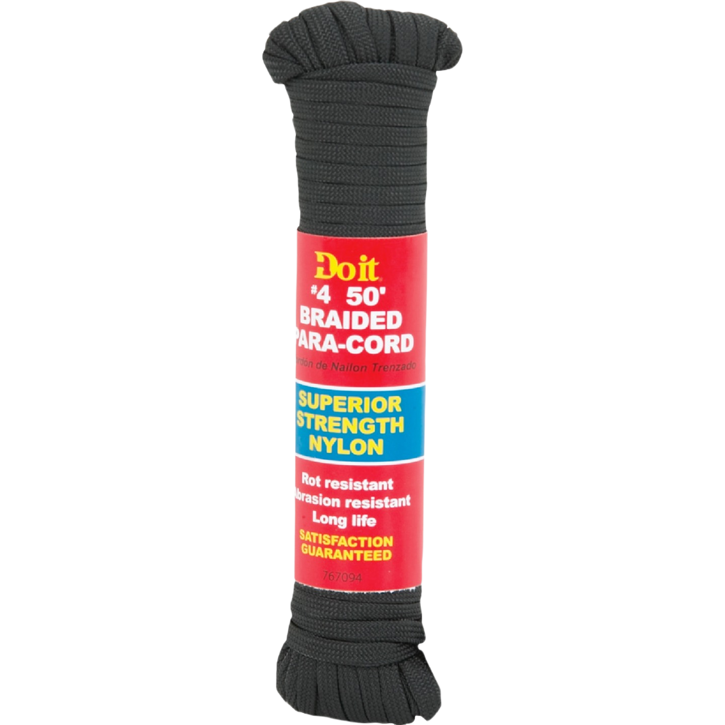 Black braided polypropylene paracord bundle with red and blue label highlighting strength and durability for tools and home improvement.