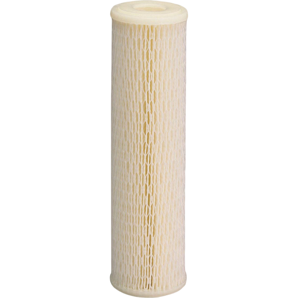 Cylindrical beige water filter cartridge with honeycomb texture designed for home improvement filtration systems