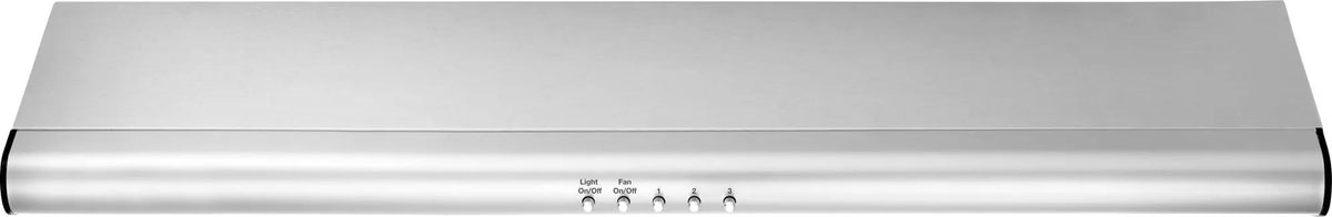 Brushed stainless steel overhead range hood with halogen lights and washable dishwasher safe filter in kitchen appliances collection