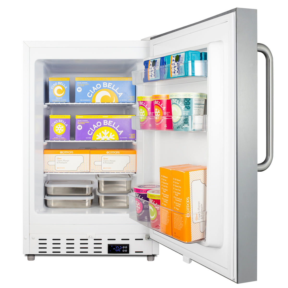 Compact built-in all-freezer with stainless steel door open showing organized frozen food in kitchen appliances setting