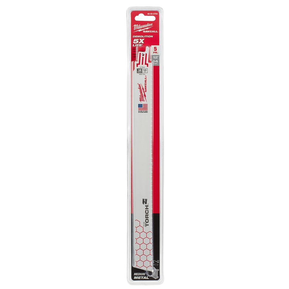 Set of 5 Milwaukee 12-inch 14 TPI U-shank demolition saw blades for power tool accessories in home improvement.