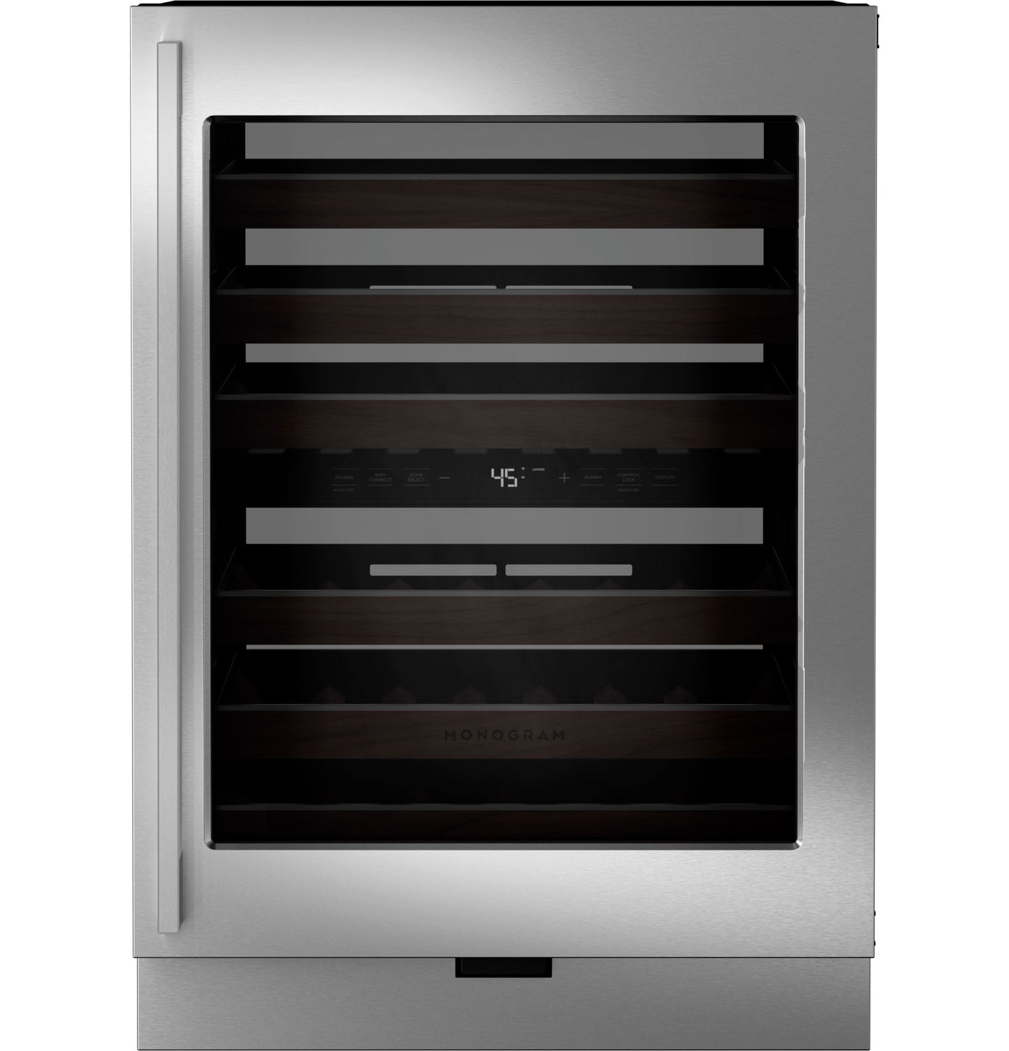 24-inch panel-ready wine cooler with stainless steel frame, digital temperature display, and wooden shelving in beverage centers collection