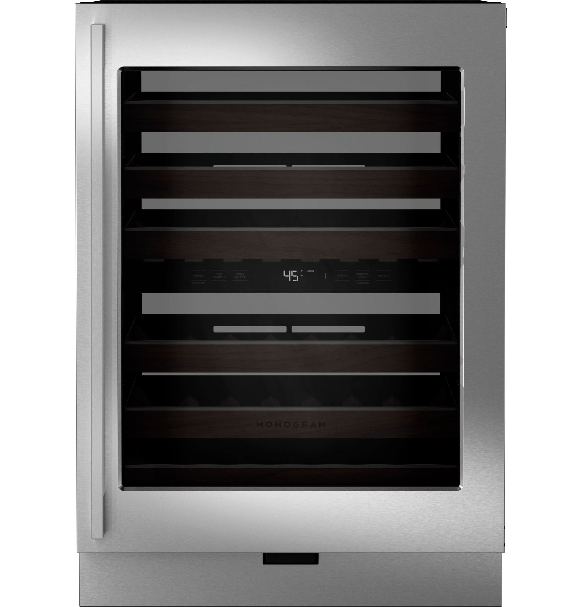 24-inch panel-ready wine cooler with stainless steel frame, digital temperature display, and wooden shelving in beverage centers collection