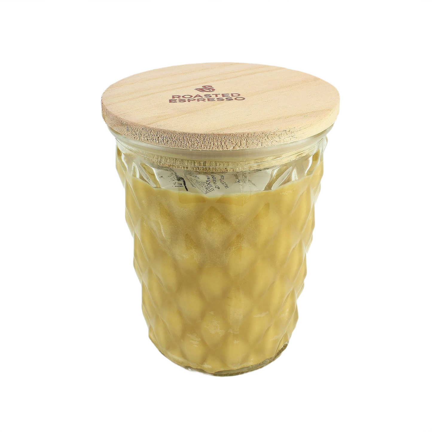 Glass jar candle in honey color with textured design and wooden lid engraved with roasted espresso text