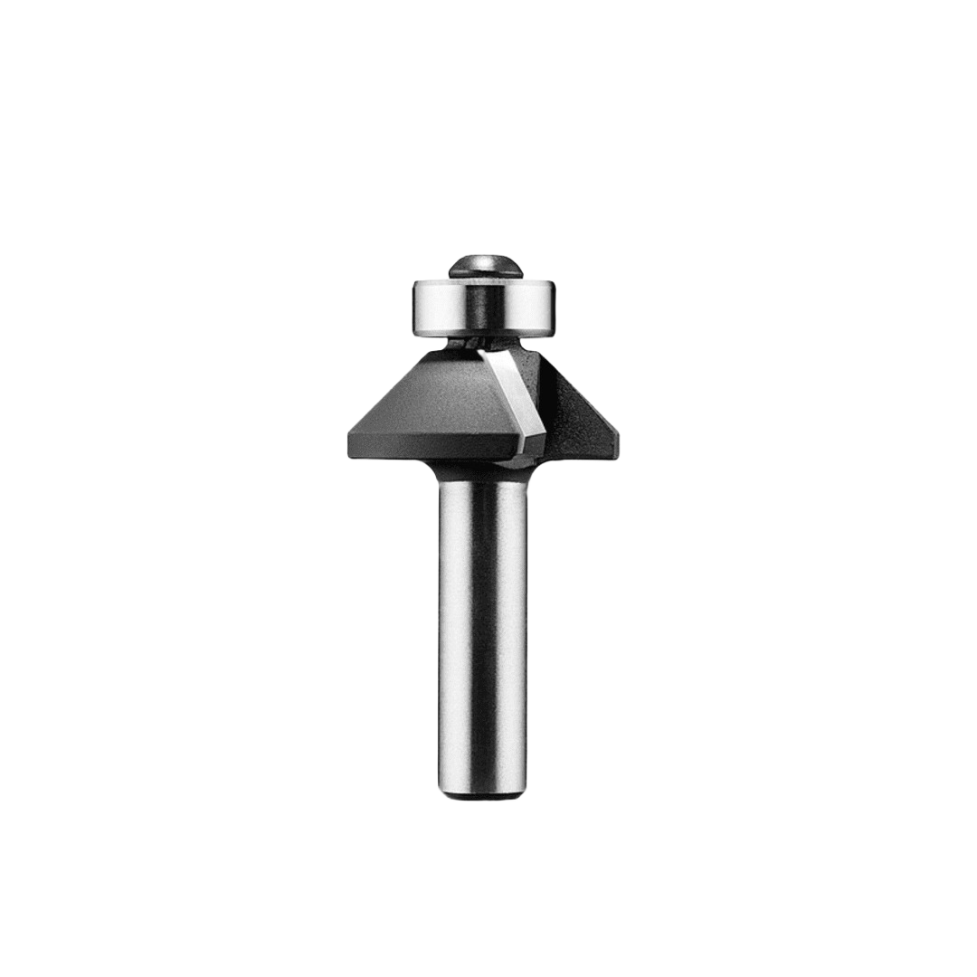 Carbide-tipped chamfer cutting bit with 45-degree angle and 8mm shank for woodworking tool accessories.
