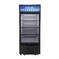 Black commercial beverage cooler with clear door and wire shelving for drink storage in appliance collections