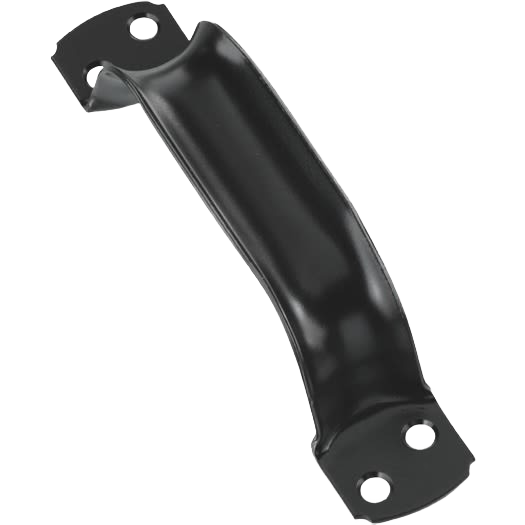 Black metal gate pull handle with curved design and mounting holes for door and gate hardware projects under $50