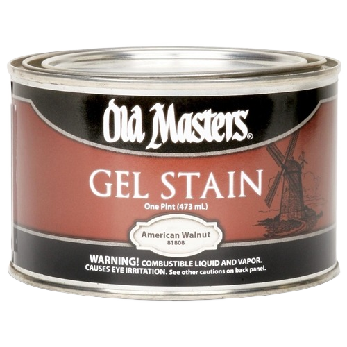 Can of Old Masters gel stain in American Walnut color for wood finishing and home improvement projects
