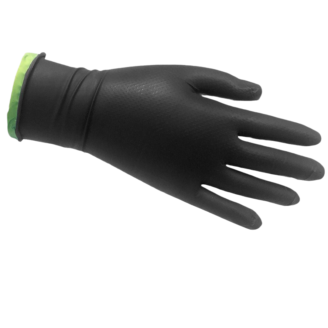 Black nitrile glove with textured grip surface and green interior lining for tools and home improvement tasks