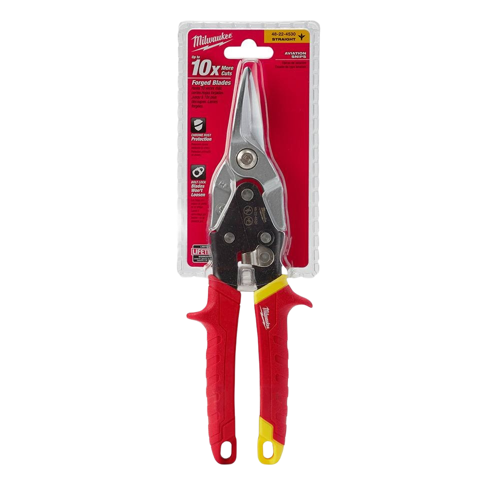 Straight cutting aviation snips with forged steel blades and ergonomic red and yellow handles for precision cutting in home improvement tasks