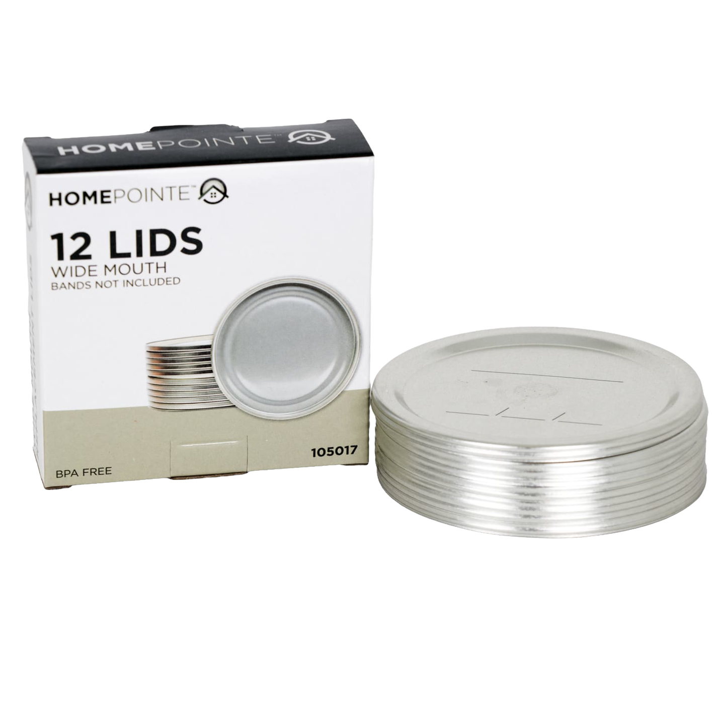Stack of 12 silver wide-mouth canning jar lids beside white box in kitchenware collection under $25