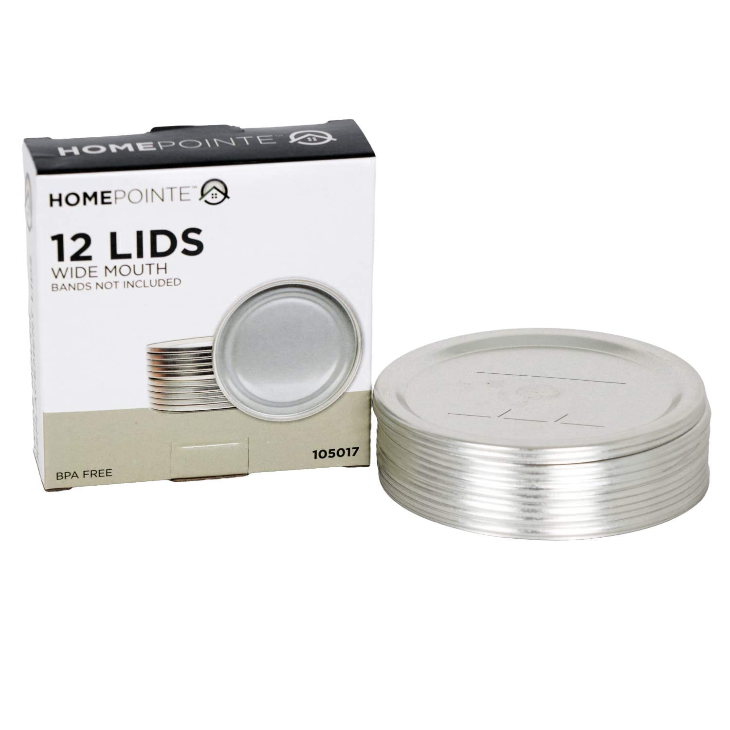 Stack of 12 silver wide-mouth canning jar lids beside white box in kitchenware collection under $25