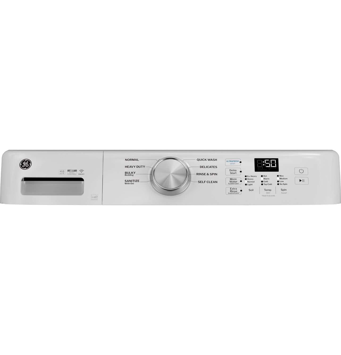 Control panel of white front load washer with cycle selector knob, digital display, and detergent dispenser in washers collection