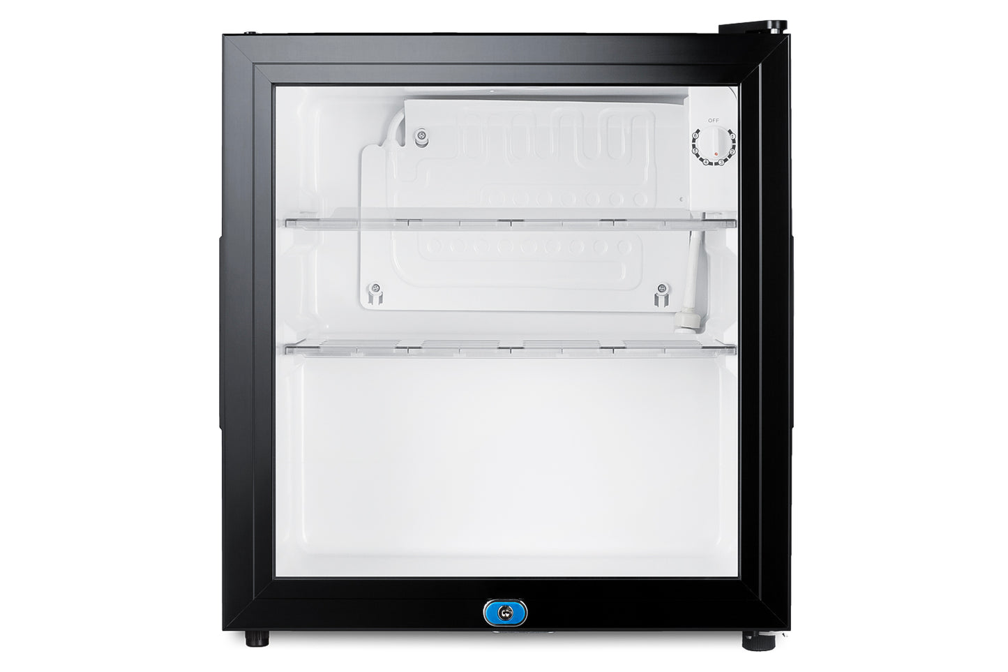 Compact black minibar with glass door, two wire shelves, and adjustable thermostat for kitchen and appliance use