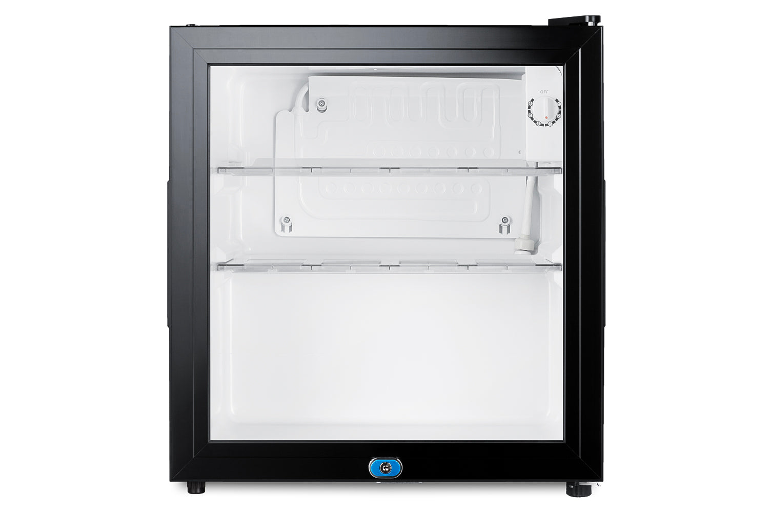 Compact black minibar with glass door, two wire shelves, and adjustable thermostat for kitchen and appliance use