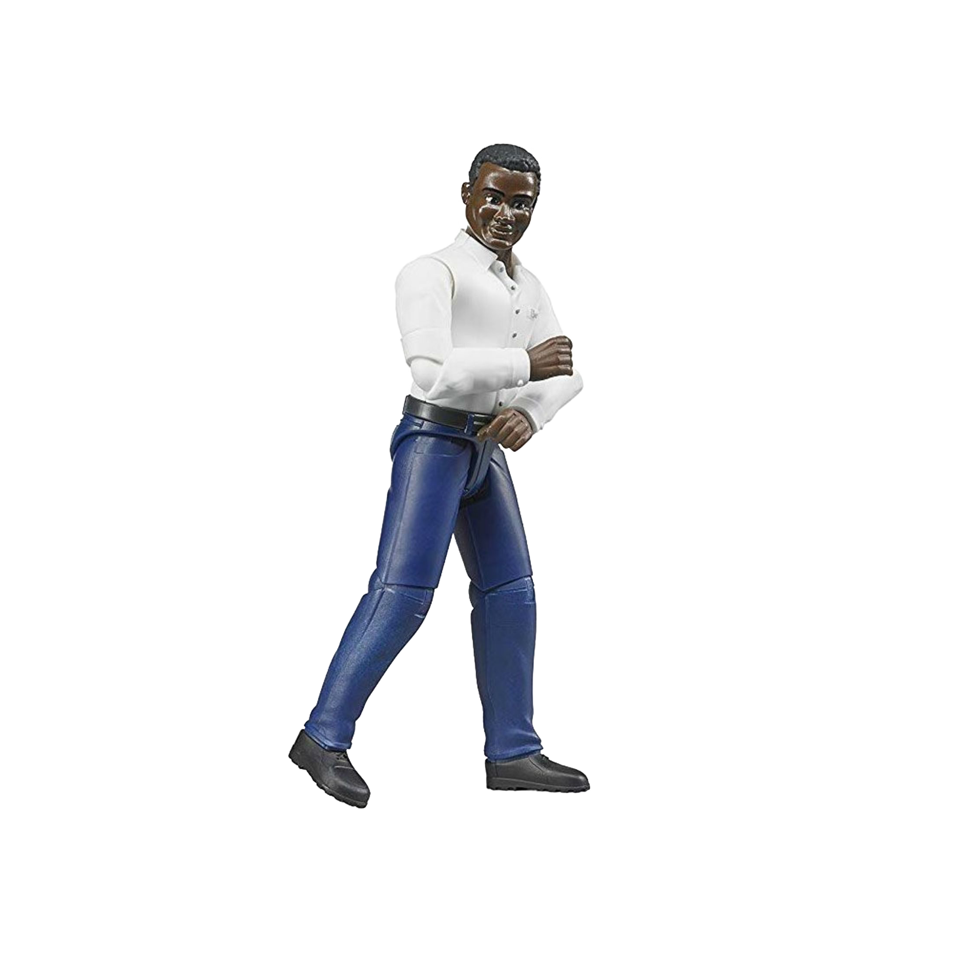 Articulated toy figure wearing dark blue jeans and white shirt from Bruder Toys in Vehicles & Remote Controlled Toys collection