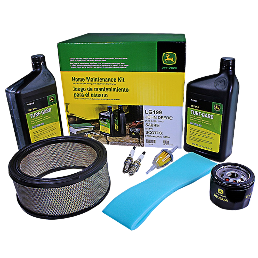 Home maintenance kit with oil bottles, air filter, spark plugs, foam pre-filter, and oil filter for tool upkeep tasks