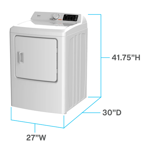 Angled view of compact white front load natural gas clothes dryer with control panel in Dryers and Appliances collections