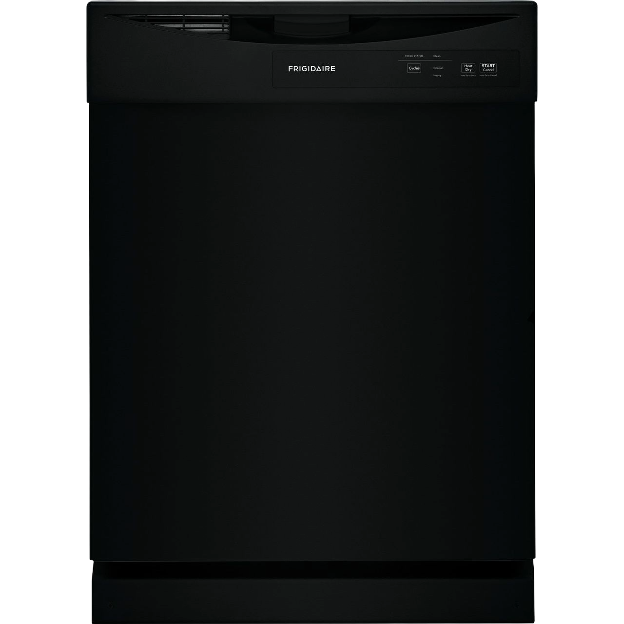 Black built-in dishwasher with top control panel featuring cycle and dry options, part of kitchen appliance collection