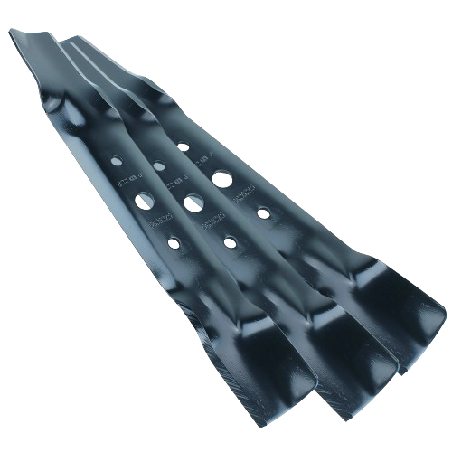 Set of three black steel mower blades with mounting holes designed for durable lawn maintenance and landscaping tasks