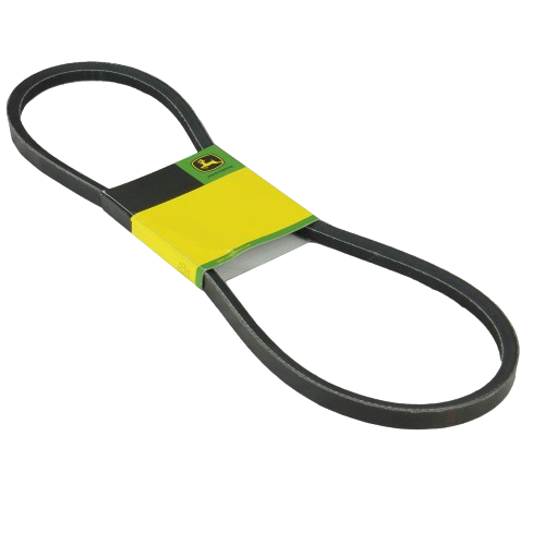 Black rubber V-belt looped with green and yellow branded packaging designed for mechanical and agricultural equipment maintenance