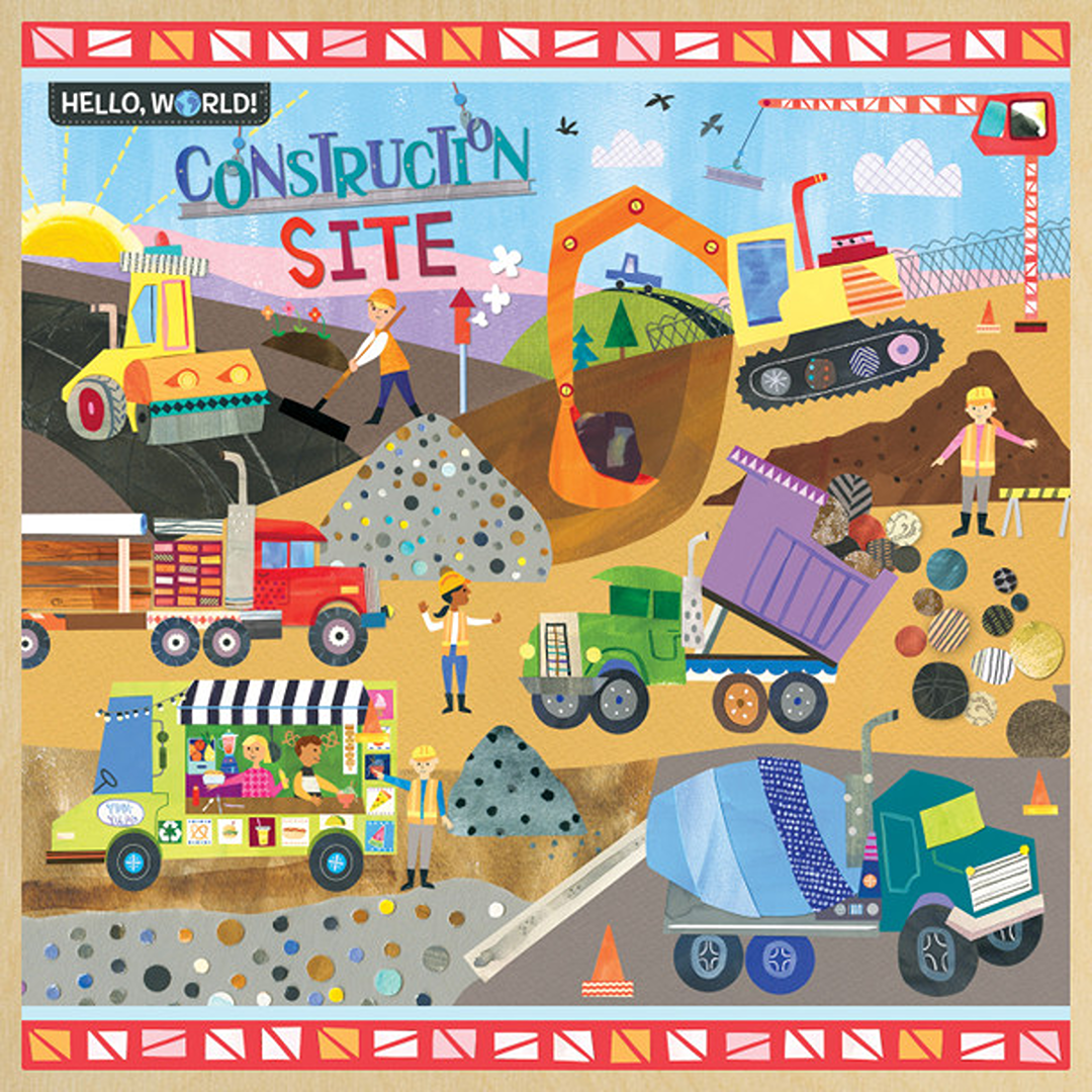 Colorful 48-piece kids puzzle depicting a busy construction site with trucks, workers, and building materials