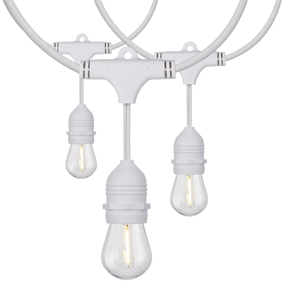White LED string lights with vintage-style bulbs for outdoor living and home improvement lighting collections