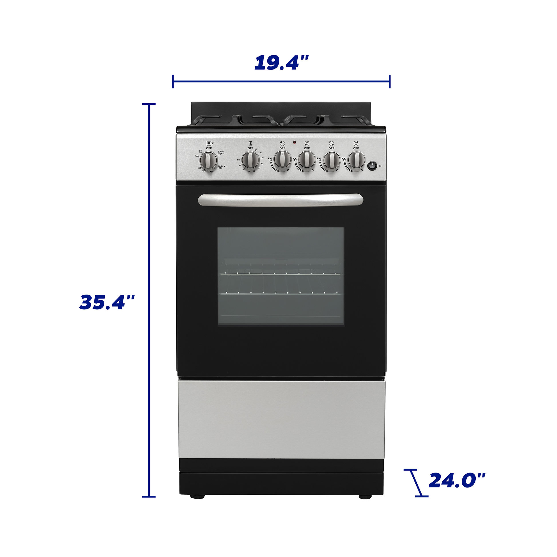 20-inch freestanding gas range with stainless steel control panel, black oven door, and oven window, part of kitchen appliances