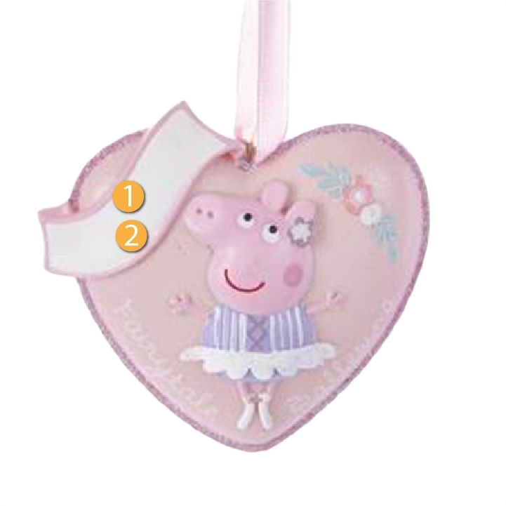 Heart-shaped ornament with pink Peppa Pig figure wearing a striped dress and floral details for holiday decor