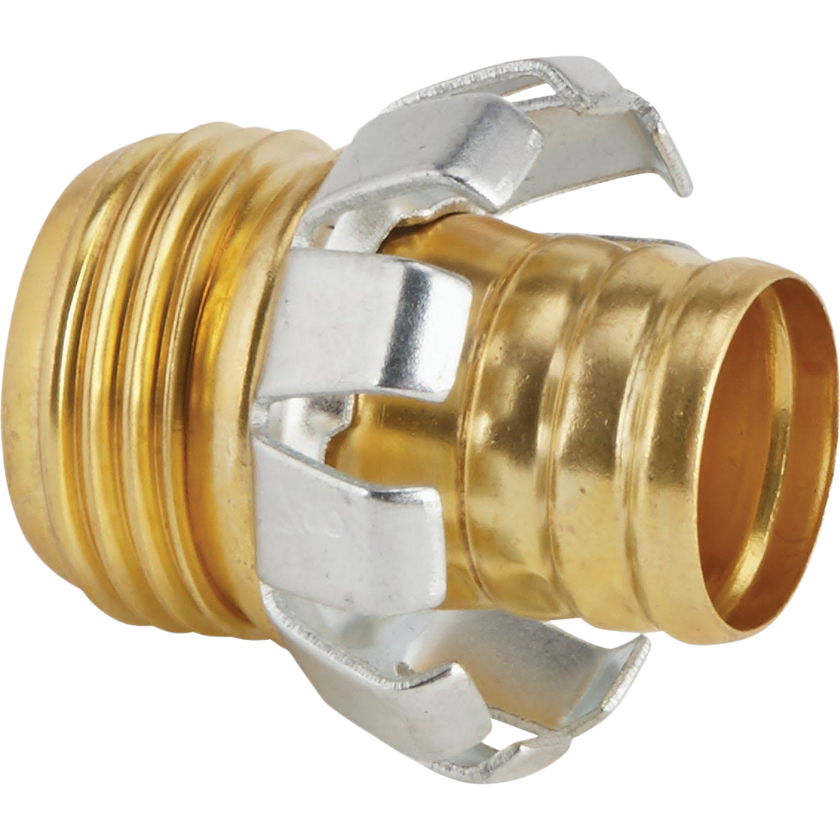 Brass hose coupling mender with male threaded end and metal locking clamp for home improvement and garden tools projects