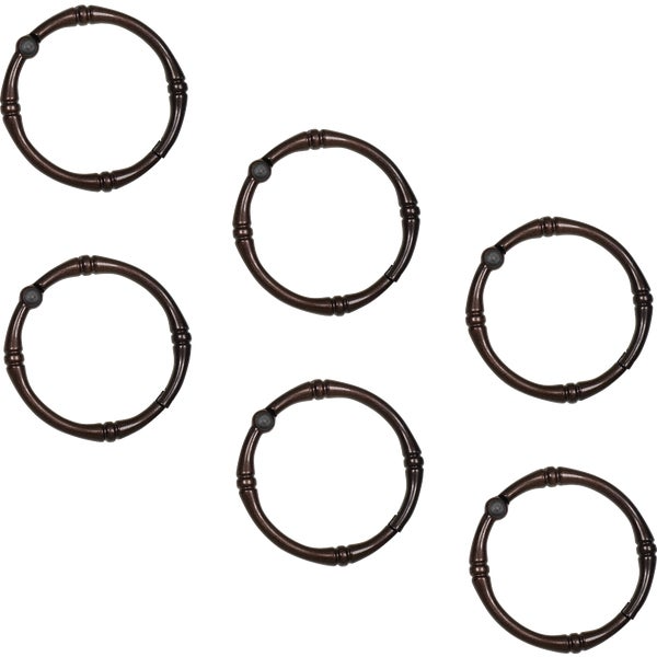 Set of six bronze-toned Hudson-style shower curtain rings with a classic bamboo-inspired design for home improvement use
