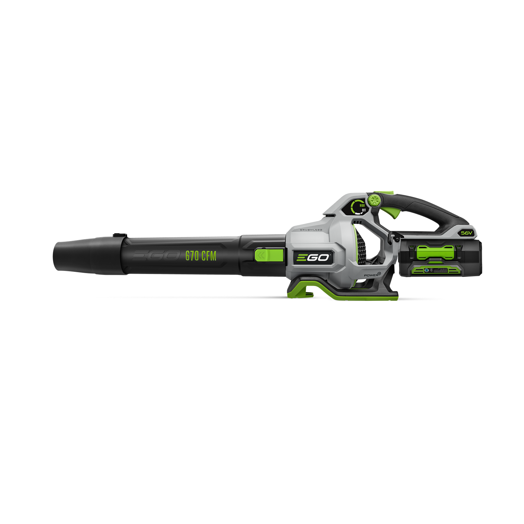 Cordless leaf blower in gray and black with green accents, battery attached, designed for outdoor tools and home improvement tasks