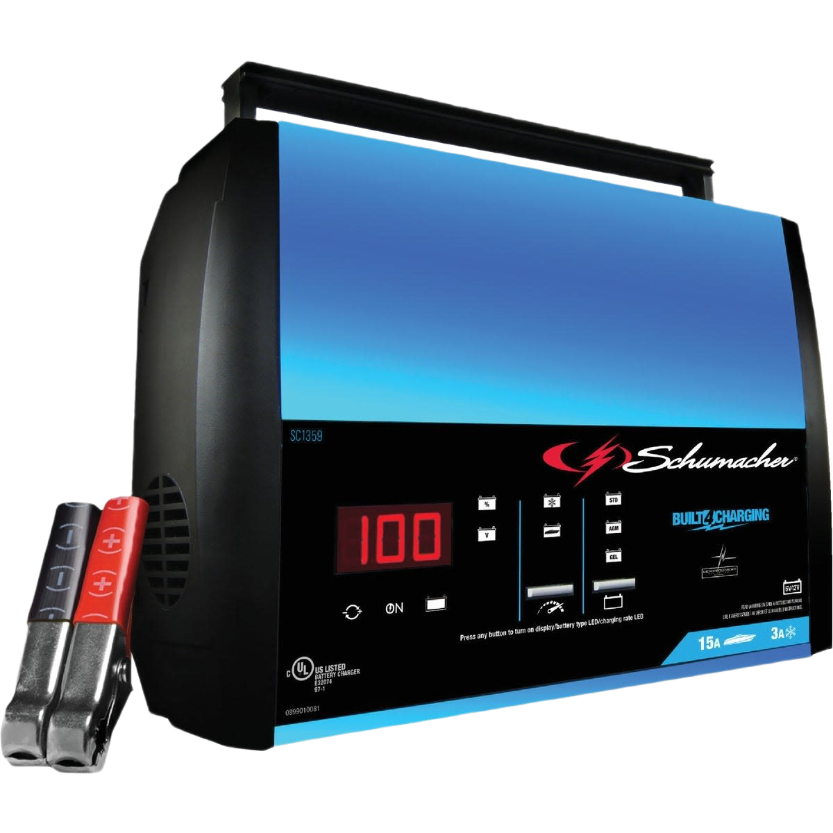 Compact blue and black automotive battery charger with digital display and red and black clamp connectors for home improvement use