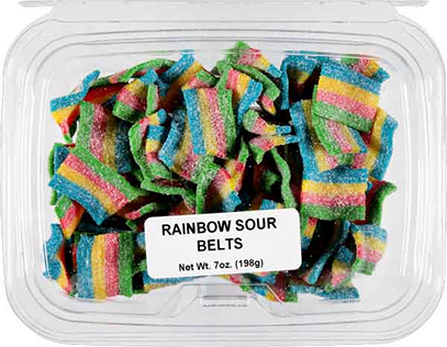 Clear plastic container filled with colorful sour rainbow belts coated in tangy sugar from candy and food collection under $50