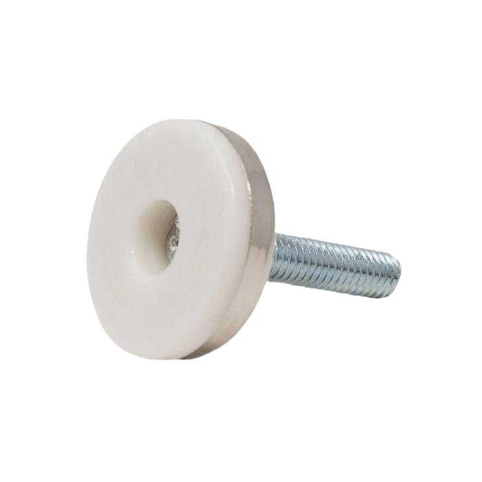 Metal furniture leveler with white hex base for cabinet hardware and furniture accessories use