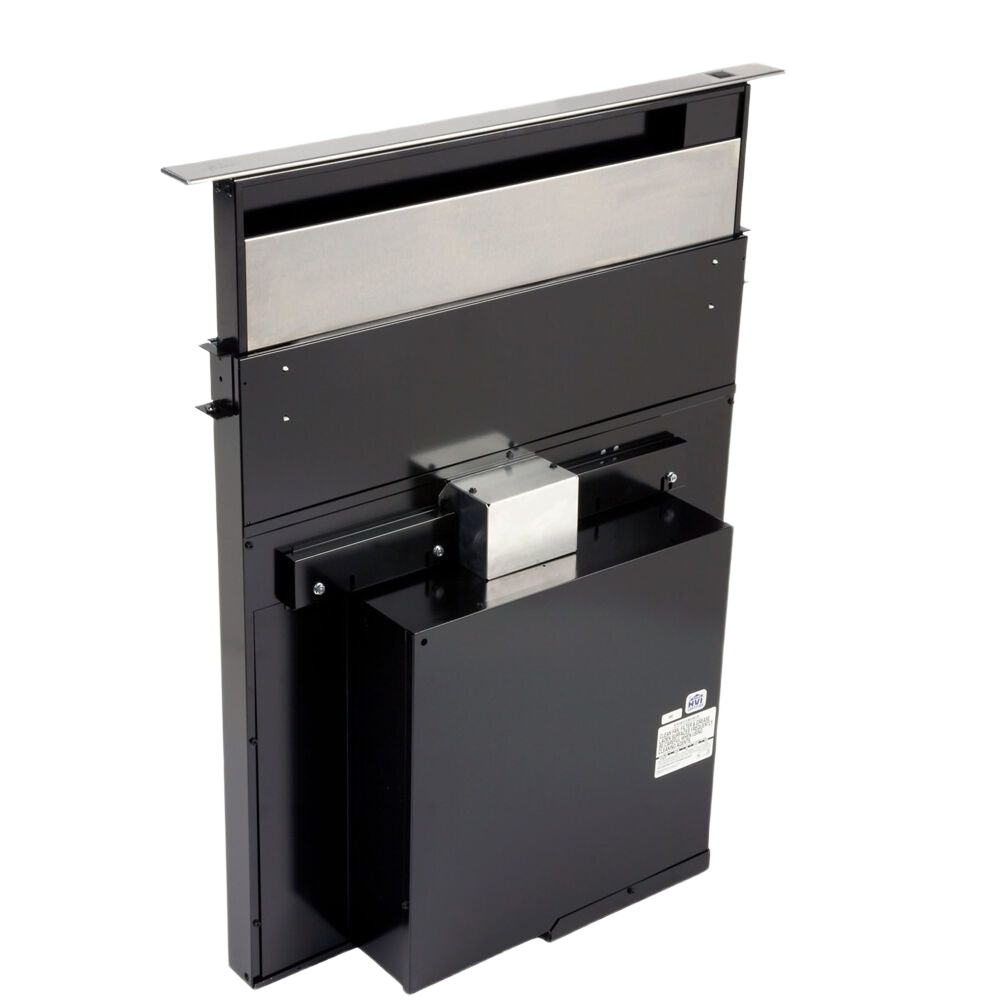Black metal downdraft ventilation system with top cover for kitchen range hoods and home improvement appliances collections