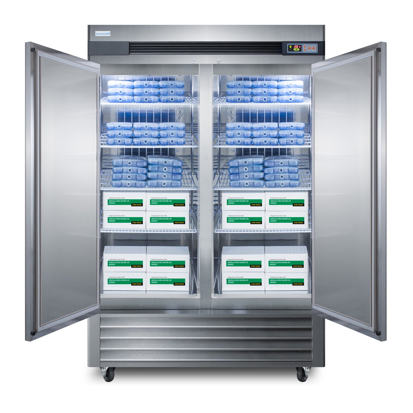 Large stainless steel upright freezer with open doors showing pharmacy medical storage boxes in appliances collection