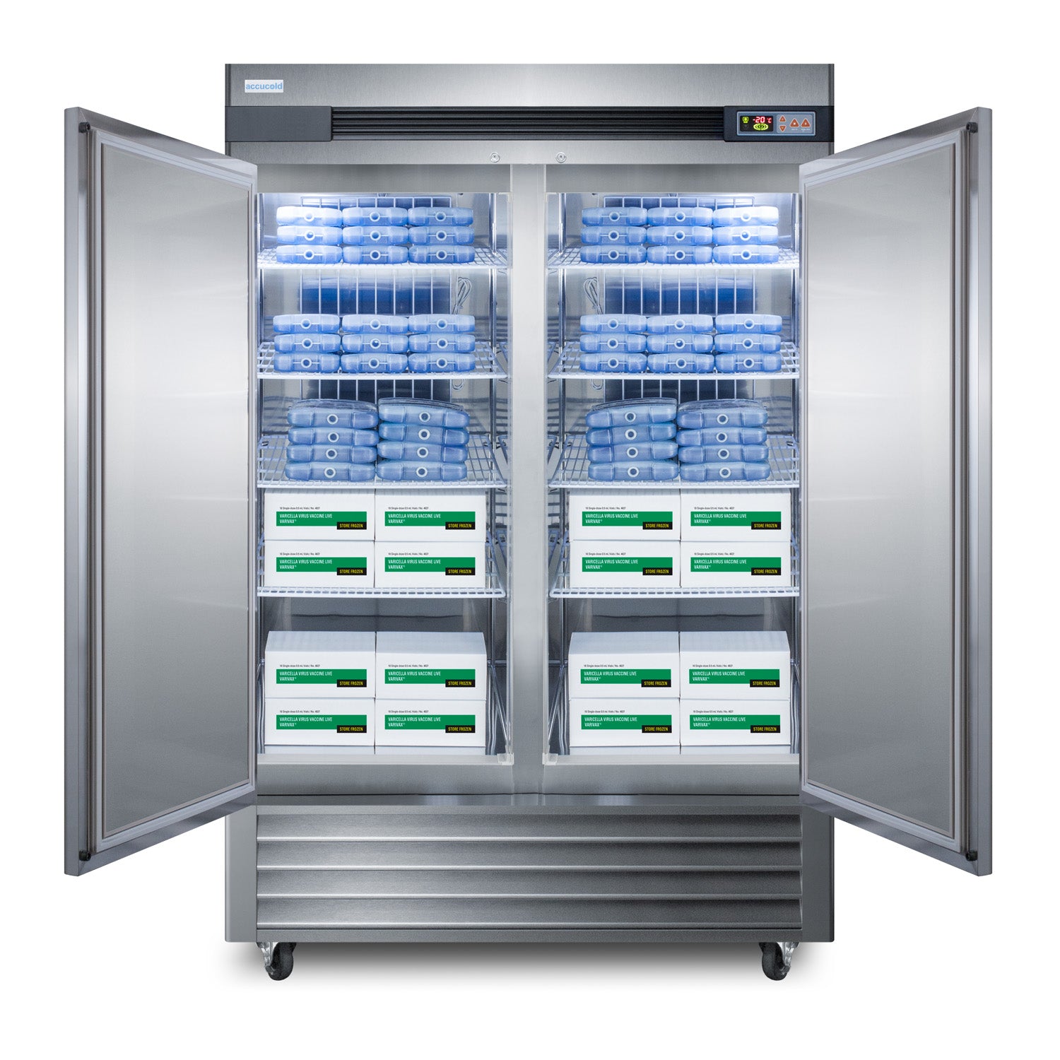 Large stainless steel upright freezer with open doors showing pharmacy medical storage boxes in appliances collection