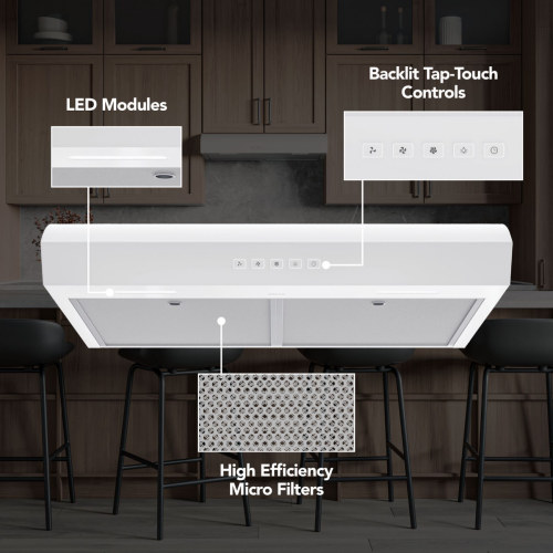 White under cabinet range hood with LED lighting, backlit touch controls, and high-efficiency micro filters in kitchen appliances collection