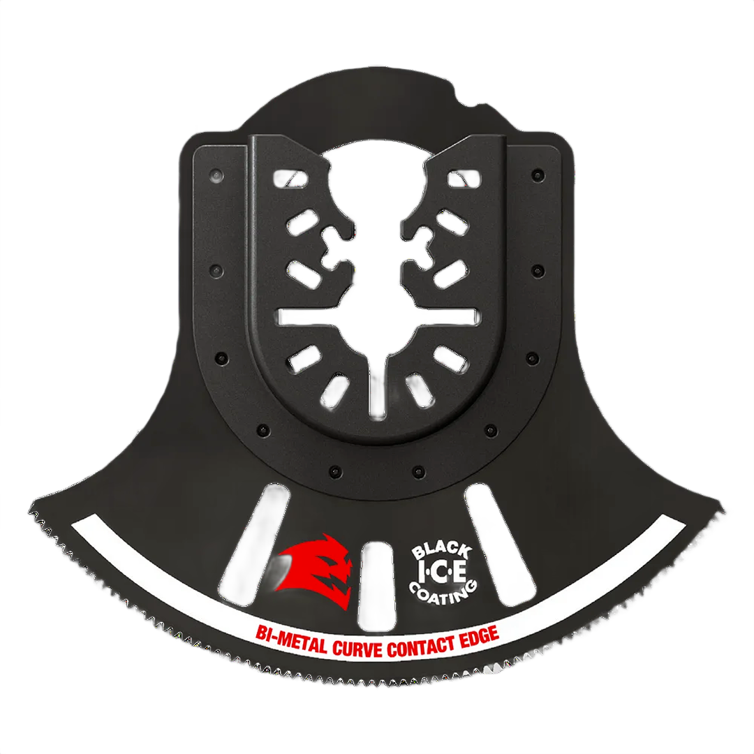 Bi-metal curved oscillating saw blade with black ice coating for versatile cutting in woodworking and power tool accessories collections