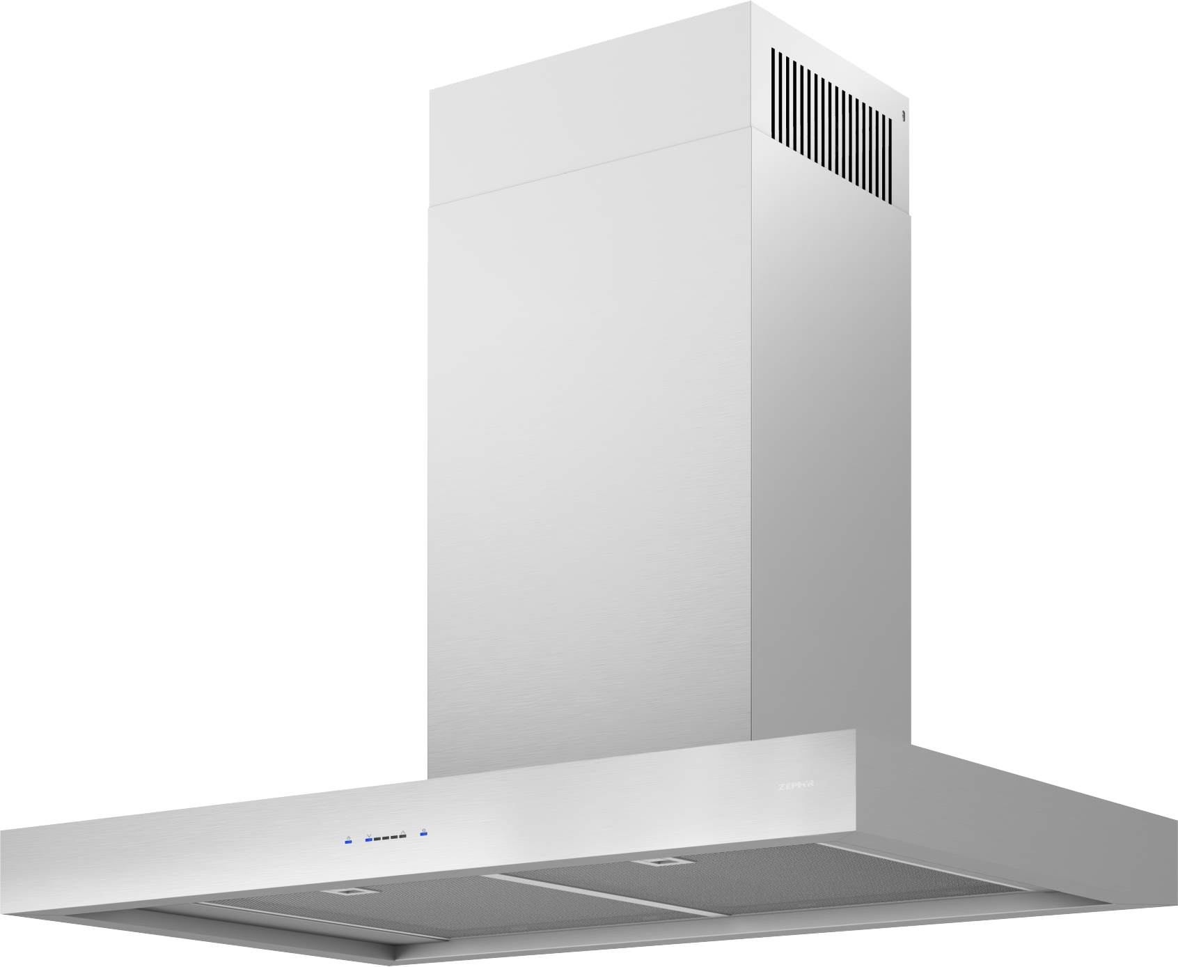 Sleek stainless steel chimney hood with LED lights and ventilation grilles from Over the Range Hoods collection