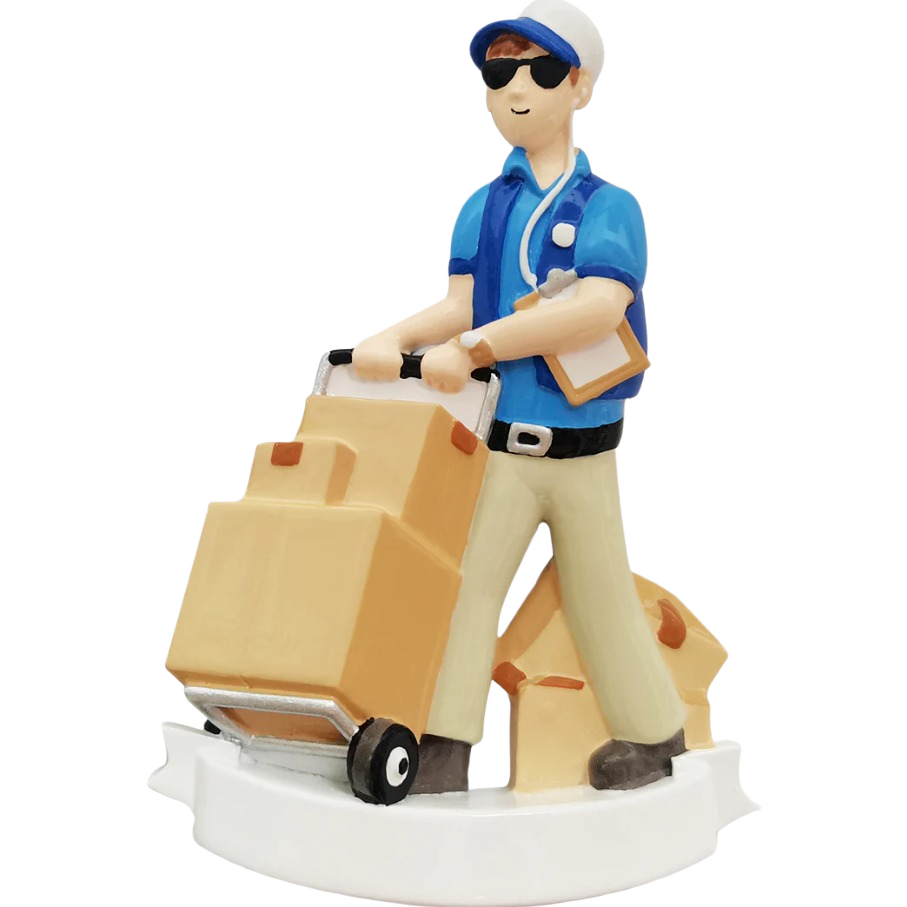 Figurine ornament of delivery man in sunglasses pushing stacked boxes for Christmas Ornaments & Tree Decorations under $50 collection