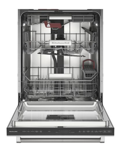 Open KitchenAid dishwasher with interior racks and adjustable third level rack in stainless steel finish